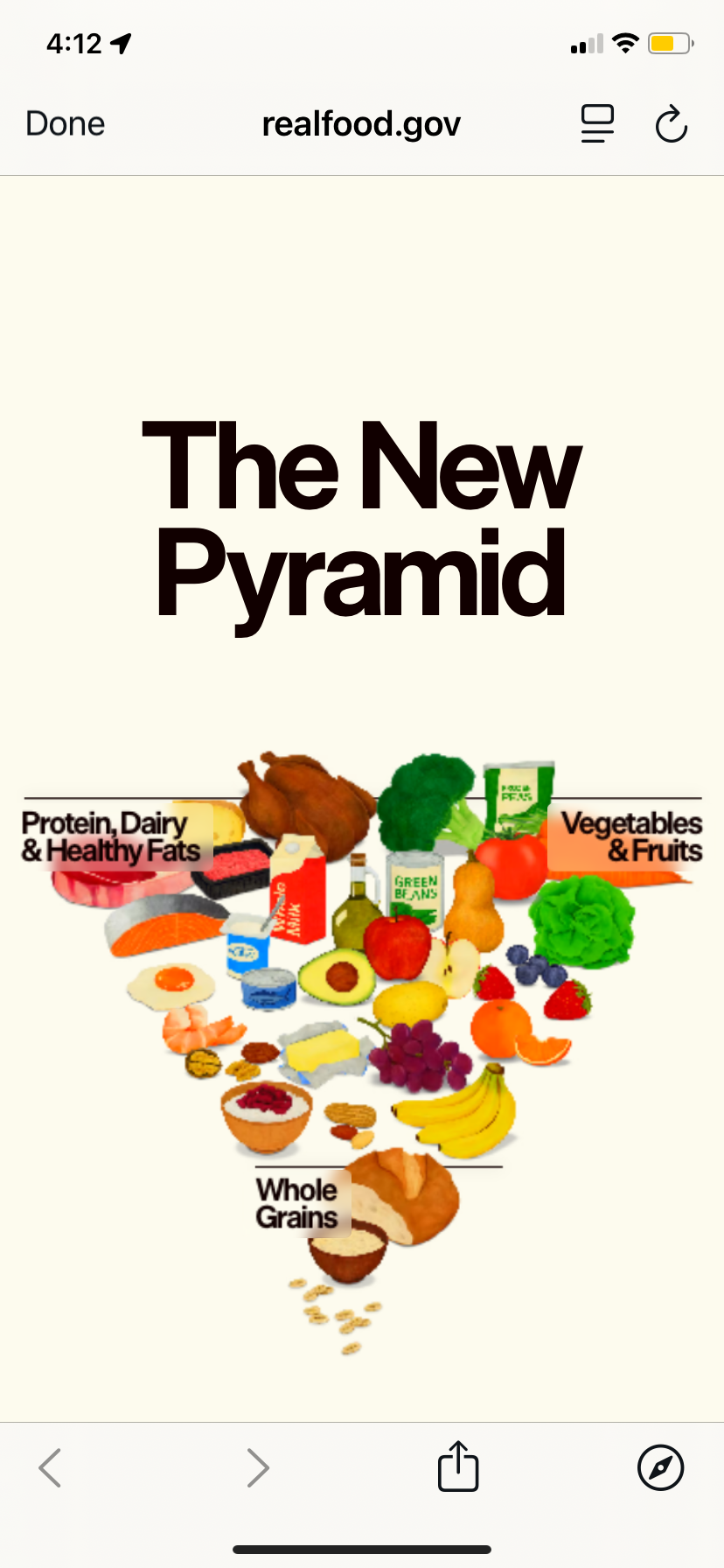 The New Pyramid from realfood.gov — protein, dairy & healthy fats / vegetables & fruits / whole grains