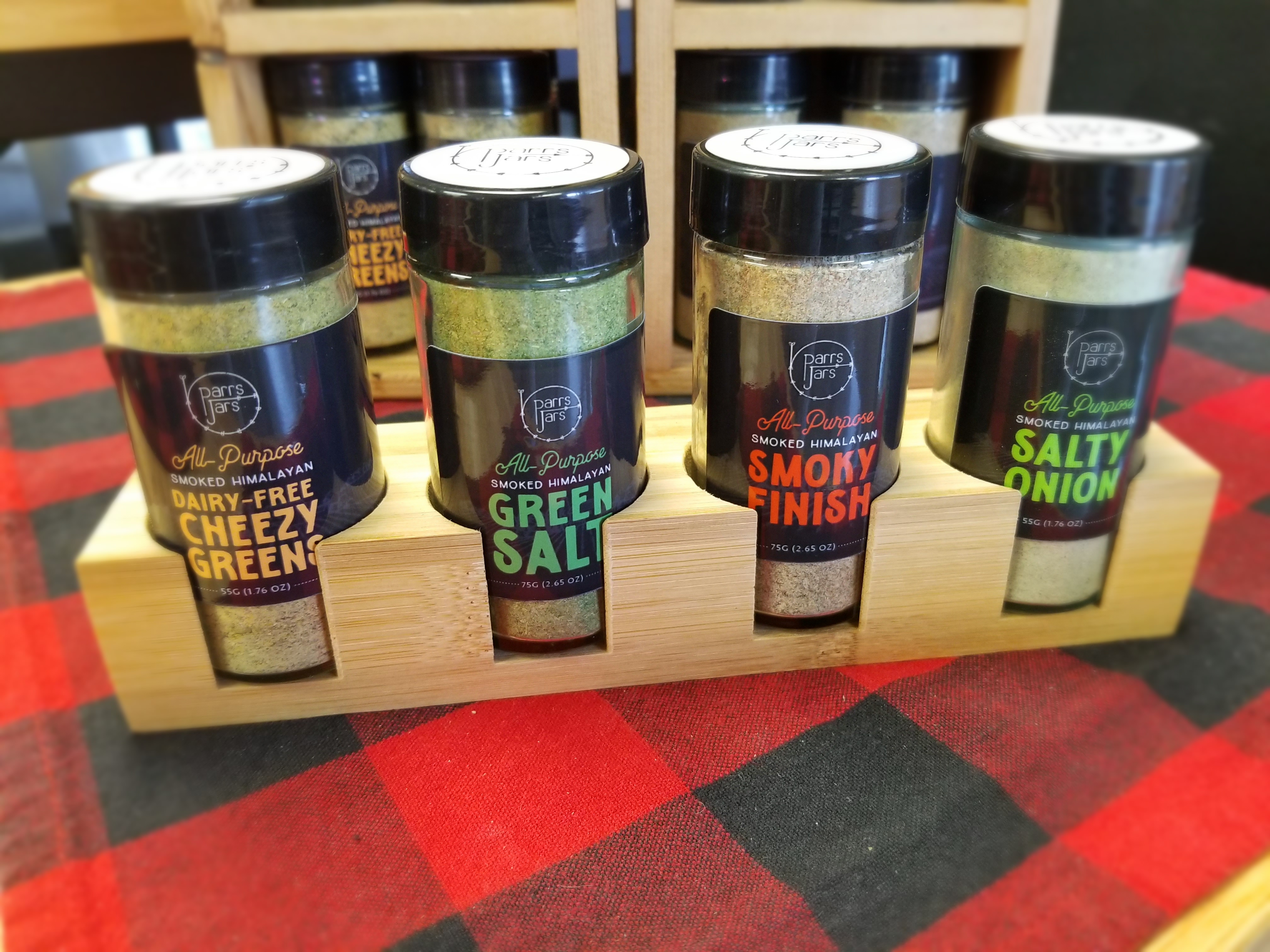 Parr's Jars shaker set on the workshop rack