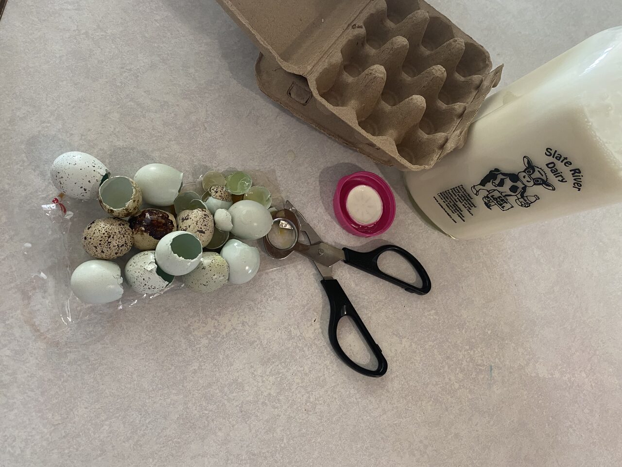 Slate River Dairy milk and quail eggs on the counter
